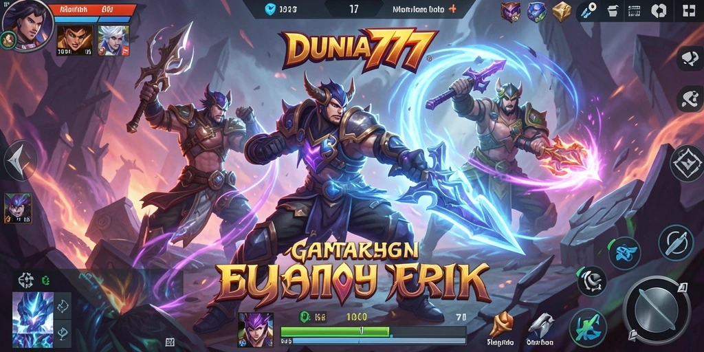 Screenshot utama DUNIA777 menampilkan aksi seru di arena MOBA.