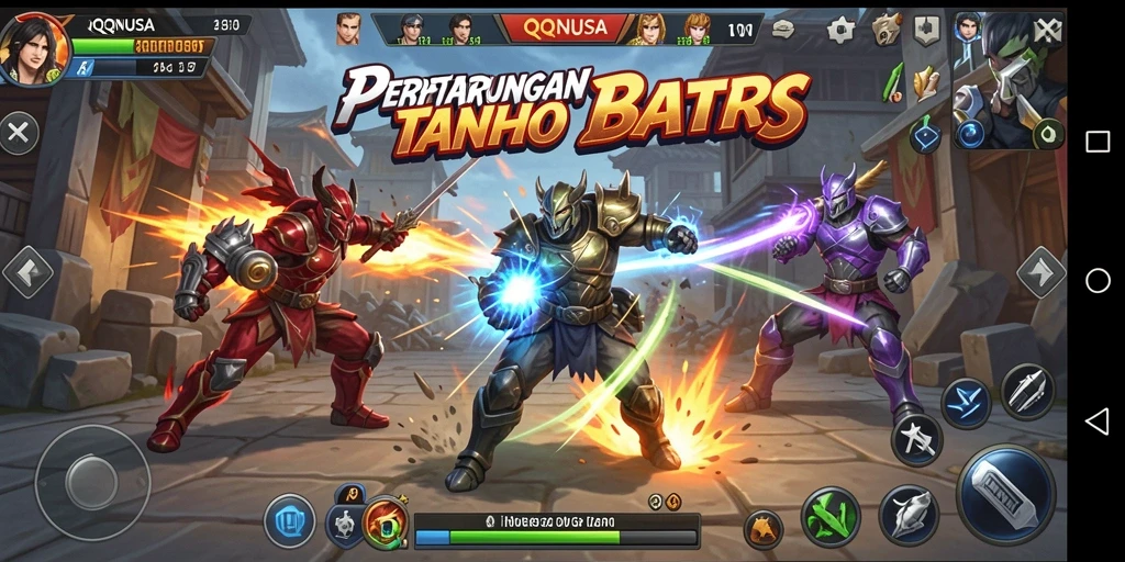 Tampilan gameplay QQNUSA yang menampilkan pertarungan seru dan karakter unik.