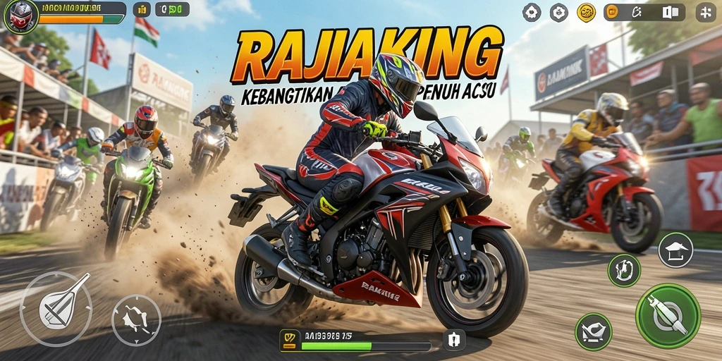 Screenshot game RAJAKING menunjukkan balapan motor penuh aksi dan grafis yang mengagumkan.