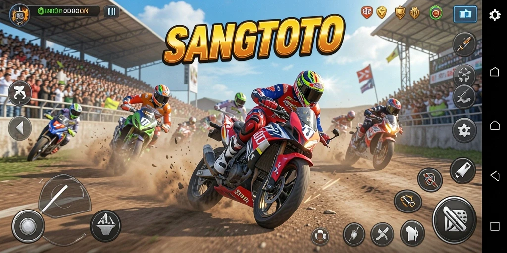 Gameplay seru SANGTOTO dengan motor balap yang cepat.