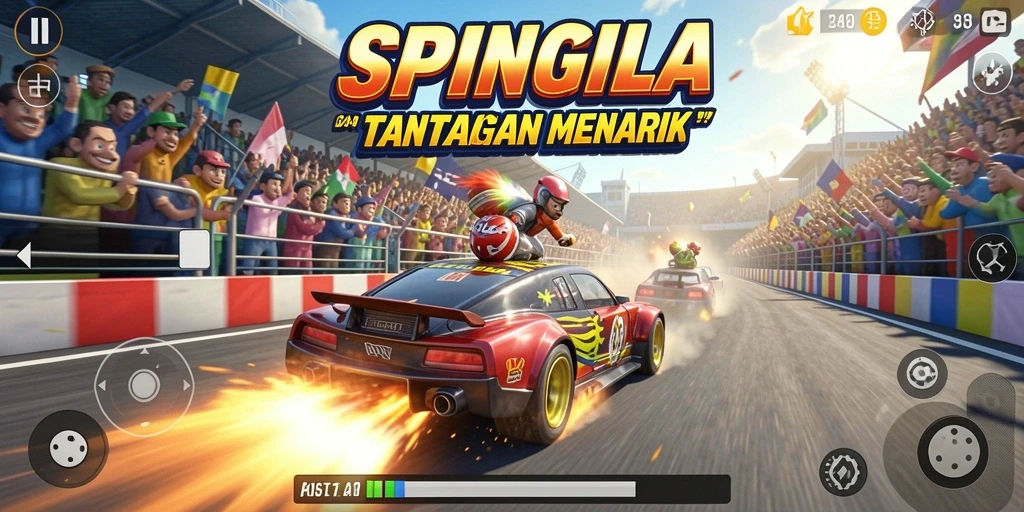 Tampilan gameplay SPINGILA dengan mobil balap yang menakjubkan.